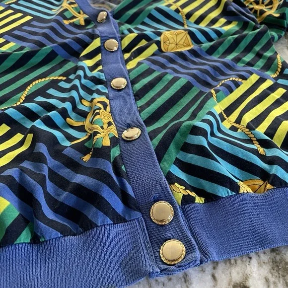 VTG 90s Italian Nautical Cardigan Sweater Womens Size L Blue Gold Button Coastal - Picture 4 of 9